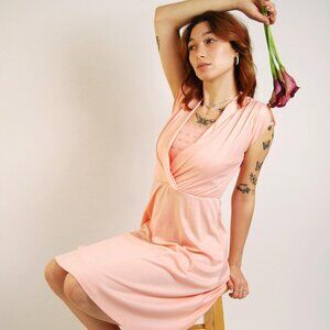 60s Wrap Dress (XS/S) vintage pastel pink embroidered small